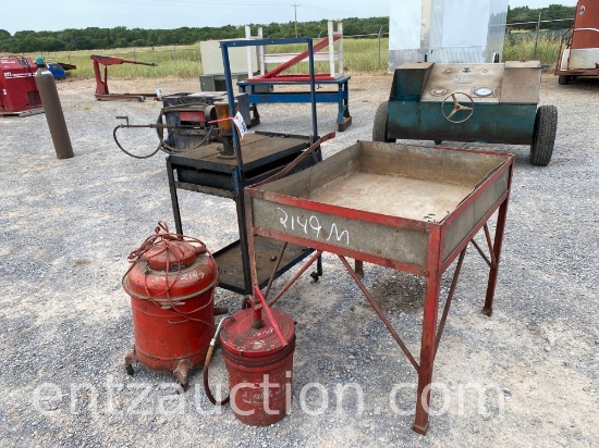 2 TABLES, OLD SHOP VAC, GREASE TRANSFER PUMP