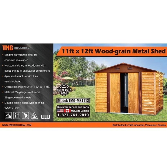 TMG 11' X 12' METAL SHED, WOOD GRAIN, UNUSED