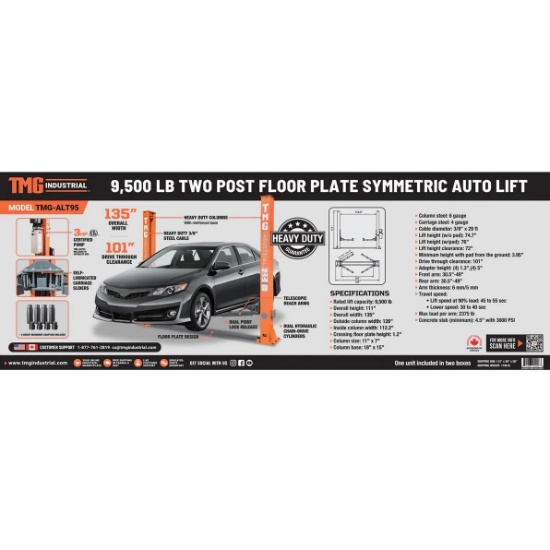 TMG 2 POST AUTO LIFT, 9,500 LBS, 75" LIFT HEIGHT,