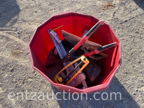 BUCKET W/ 2) 24" PIPE WRENCHES, HEDGE SHEARS,