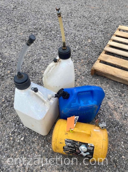 3) 5 GAL FUEL JUGS & PORTABLE AIR JACK