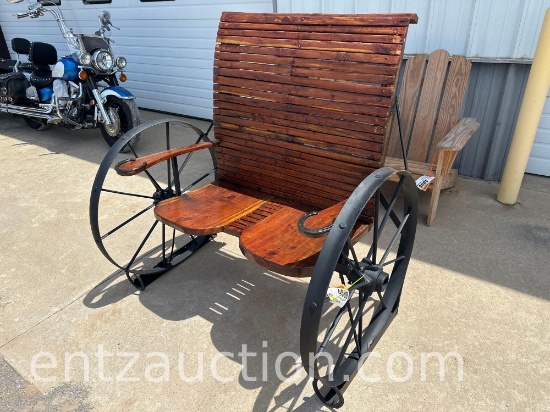 HANDMADE WAGON WHEEL BENCH, 2 SEATER,