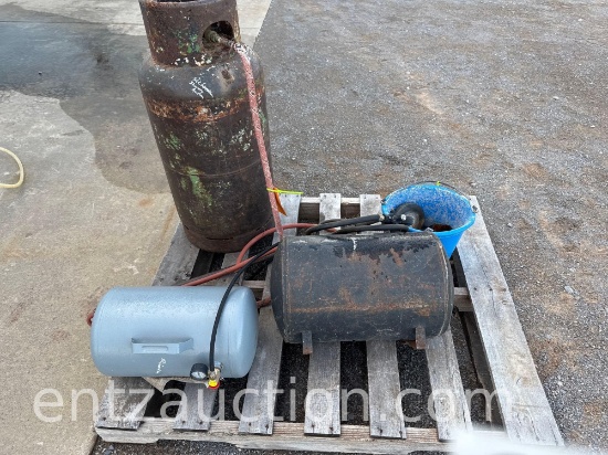 LOT W/ 2 PORTABLE AIR TANKS, PROPANE WEED BURNER,