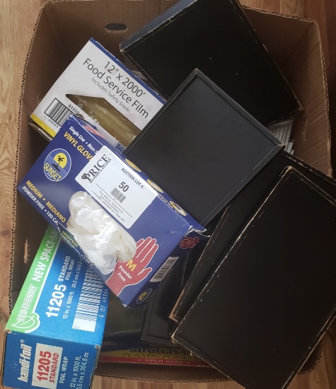Box Lot Of Foil, Food Service Film, Gloves And Special Chalkboards