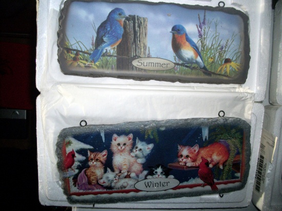 Lot 54: Two Seasonal Plaques.   Summer With Bluebirds And Winter With Kittens