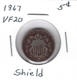 Lot 221: 1867 Five Cent Piece - Vg 20+ Shield