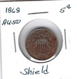 Lot 223: 1868 Five Cent Piece - Vf30 With Shield - Cleaned