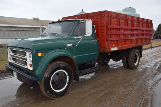 1969 Chevy C50 Single Axle Grain Truck, V8 Gas, 4x2 Speed, Good Rubber, 16’ Wooden Box And Hoist, Po