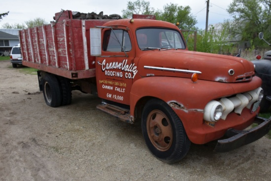 1951 Ford F6 Red Grain Truck, Cannon Valley Roofing, Flatead V8, Runs and Drives, Has Hoist, Plate L