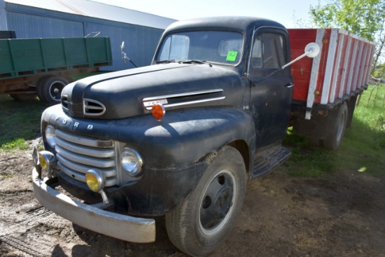 1950 Ford F6 Grain Truck, Black And Red Box, Flathead V8, Has Working Hoist, Runs and Drives, Plate