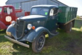 1935 Ford Grain Truck, Green, Flathead V8, Runs Good, 4 Speed, Wood Box with Hoist, Hoist Works, Pla