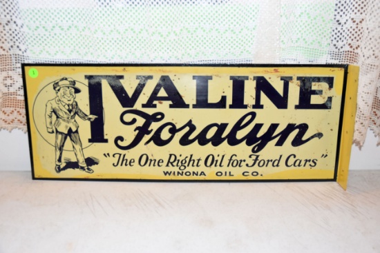 Ivaline Foralyn  "The One Right Oil For Ford Cars" Winona Oil Company, Tin Flanged Sign, 26''x10''