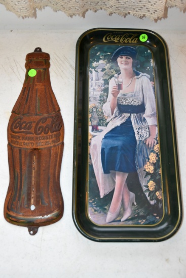 Coca Cola Tin Bottle Thermometer, Missing Thermometer, And Coca Cola Tray