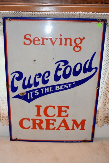 Pure Food Ice Cream Porcelien Sign, Double Sided, 28''x20''