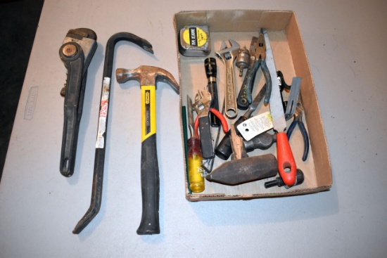 Ratcheting Pipe Wrench, Pry Bar, Hammer, Assortment Of Pliers, Tape Measure, File, Punch Chisel