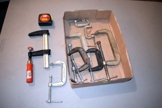 Bessey Clamp, Tape Measure, 2 6'' C Clamps, 3 3'' C Clamps, 2 2'' C Clamps