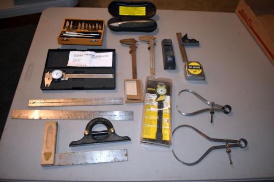 Cabelas 6'' Caliper With Case, Stracto Knife Set, 2 Rulers, 3 Calipers, Level, 2 Micrometers, Tape M