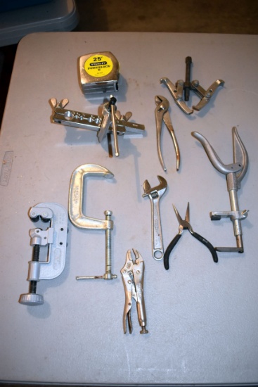 Tape Measure, Flaring Tool, 3'' C Clamp, Vise Grips, 6'' Crescent Wrench, Pliers, Tube Cutter, (2) J