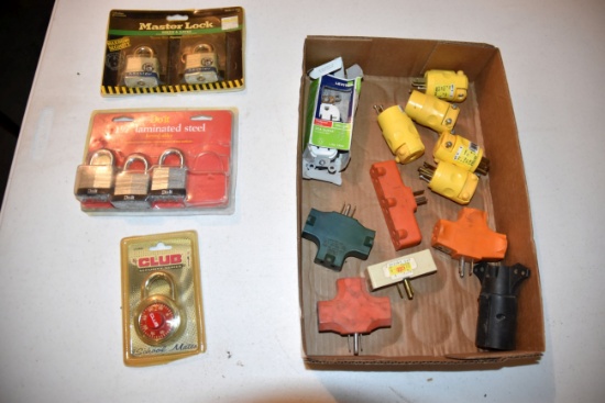 (5) New Padlocks, 1 New Dial Padlock, Electrical Plugs, 3 Way Power Splitters, 6 To 4 Way Trailer Pl