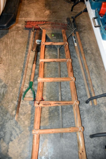 Post Hole Digger, 2 Rakes, Plastic Snow Shovel, Wood Ladder, Shovel