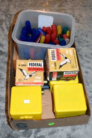 12 Guage, 20 Guage Casings, 3 Plastic Shotgun Casing Holderts, 2 Boxes Full OF 16 Guage Rounds, 12 G