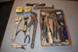 2 Tape Measures, 12'' Crescent Wrench, Rigid 18'' Pipe Wrench, Assortment Of Pliers, Files, Body Ham