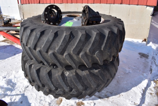 Pair Of Firestone 18.4R38 Tires, On 9 Bolt Rims With Hubs, Pair To Go