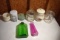 Assortment Of Candy Dishes, Green Glass Water Jug, Pink Vase