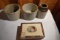 Cigar Box, Brown Top Jar, (2) Stoneware Crocks With Hairline Cracks And Damage