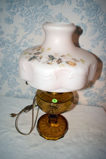 Amber Base Lamp With Floral Shade, Has Been Electrified