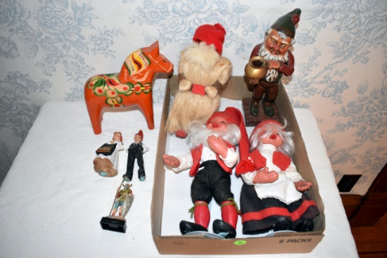 Assortment Of Doll Figurines And Rosemaled Horse