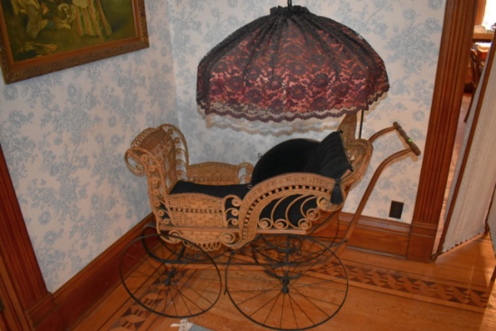 Wicker Victorian Stick And Ball Baby Buggy, With Umbrella, Pick Up Only