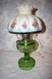Green Depression Base Lamp With Floral Shade, Has Been Electrified