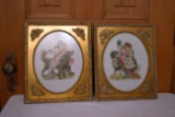 (2) Victorian Picture Frames With Girls With Dogs, 10.5'' Wide 12.5'' Tall