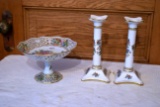 Set Of Coalport Mingrose Bone China Candle Stick Holders, Porcelain Dresden Raised Compote