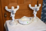 Fiori Bianco Ardalt Italy Candle Stick Holders With Center Piece, One Angel Has Hairline Crack