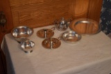 Assorted Plated Candle Holders, Creamer, Sauce Bowls, Platter