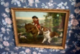 Victorian Picture With Small Child Riding A Horse With St. Bernard Dog, 22'' Wide, 18