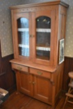 Oak Stepback Glass Front Kitchen Cabinet, Front Glass Is Cracked, 36.5'' Wide, 73'' Tall, 22'' Deep,