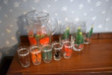 Assortment Of Christmas Glasses, Apple Pitcher, 5 Animal Juice Glasses