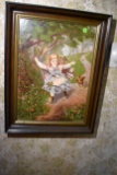 Walnut Picture Frame With Victorian Girl And Dog Chasing Her, 18''x22''