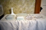 Assortment Of Custard Glass Dresser Jars, Trays