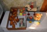 Pair Of Wooden Pull Toys, Children's Blocks, Small Wooden Bowling Pins, Assortment Of Bouncy Balls