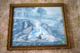 Victorian Style Girl With Dog Print In A Gold Frame