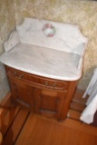 Very Fancy Walnut Victorian Style Marble Topped And Back Wash Stand, Pick Up Only,