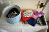 Hat Box With Assortment Of Womens Hankies, Womens Scarfs