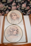 Pair Of Circle Framed Victorian Style Girl Cut Outs