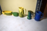 Shawnee Corn Pitcher And Corn Bowl, Frog Stein Glass, Blue Porcelain Pitcher