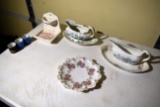 (2) Gravy Boats And Plates, 3 Small Glasses, Soap Dish