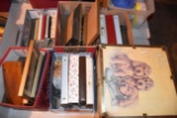 Large Assortment Of Picture Frames, Cook Books, Albums With Assortment Of Cards, Decorative Trunk